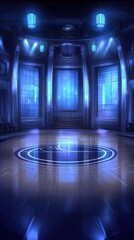 Elegant hall interior, glowing windows, circular pattern.  Possible use Background for presentation