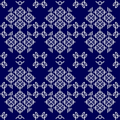 stitch Japanese Sashiko pattern embroidery abstract seamless geometric ornaments white stitch line artwork indigo blue background fashion design template decoration hand drawn printed needlework quilt