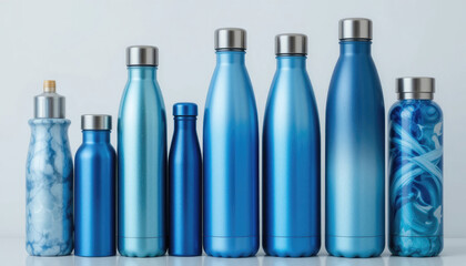 Naklejka premium Blue Reusable Water Bottles in Various Sizes and Styles for Hydration