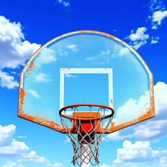 Naklejka premium Basketball Hoop against a Sky Backdrop with Clouds and Blue Sky in a Sporty Outdoor Scenario