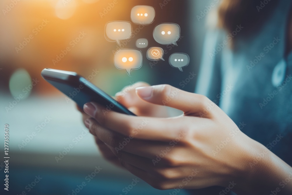 Poster a person's hands holding and typing on a smartphone with message bubble icons floating above it, sig