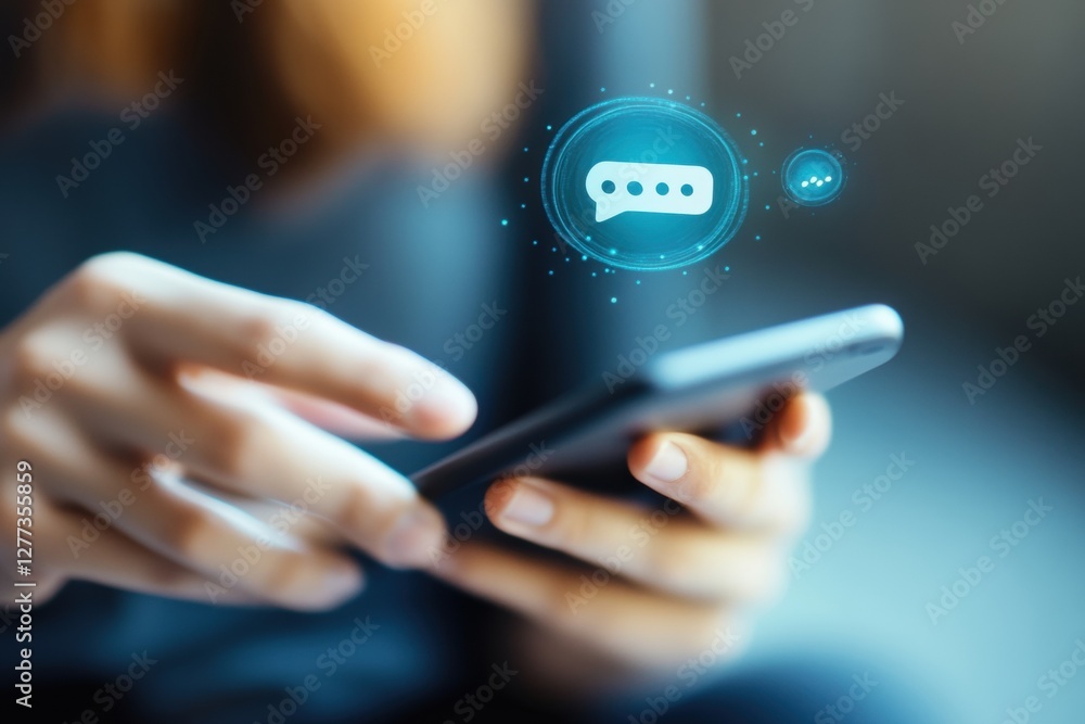 Poster close-up of hands using a mobile phone with a chat message bubble icon floating on the screen, with 