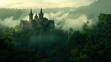 Misty morning view of a gothic castle nestled in a lush green jungle.