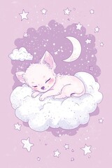 Naklejka premium Cute Puppy Sleeping on Cloud Night Sky Stars Moon Dreamy Illustration