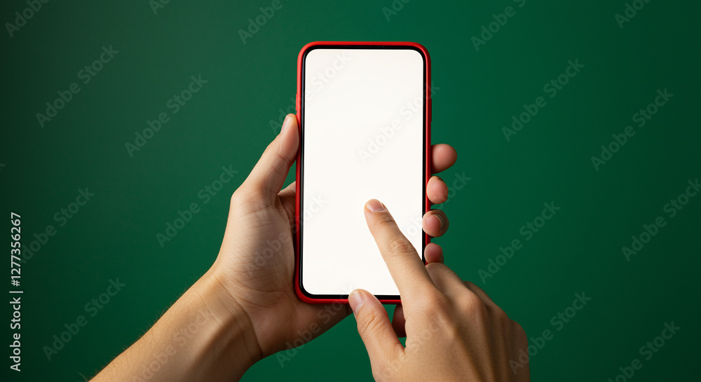 Poster smartphone in hand with blank screen for mockup held by hands on green background. smartphone in han