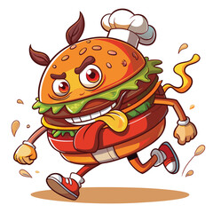 A anthropomorphic burger, legs and arms, striding purposefully, determined facial expression, wearing a bun hat.  Background simple.