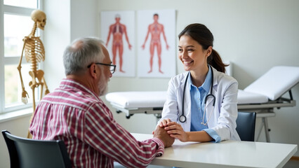 Obraz premium A doctor supports a patient during a consultation, showing care and professionalism in a modern medical office