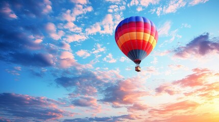 Naklejka premium Colorful Hot Air Balloon Soaring Above Sunset Cloudscape