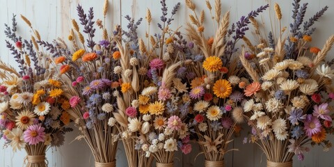 Naklejka premium Colorful Dried Flower Bouquets with Lavender and Wheat Sheaves Arrangement