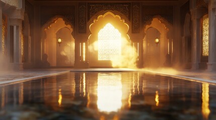 Serene Architecture with Reflections in Warm Sunlight at Dusk