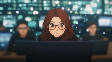 Naklejka premium Focused Female IT Specialist Working Late at Night in a Data Center