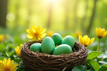 Obraz premium Colorful Teal Eggs in a Nest Among Spring Flowers