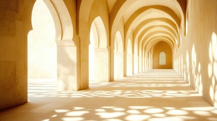 Serene Hallway with Arched Windows and Soft Light in Historical Building