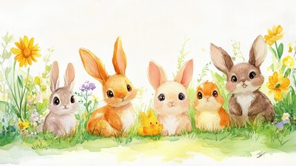 Obraz premium Cute bunnies in a flower garden. Fluffy, adorable 
