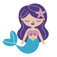 Cute Mermaid with Starfish and Seashells