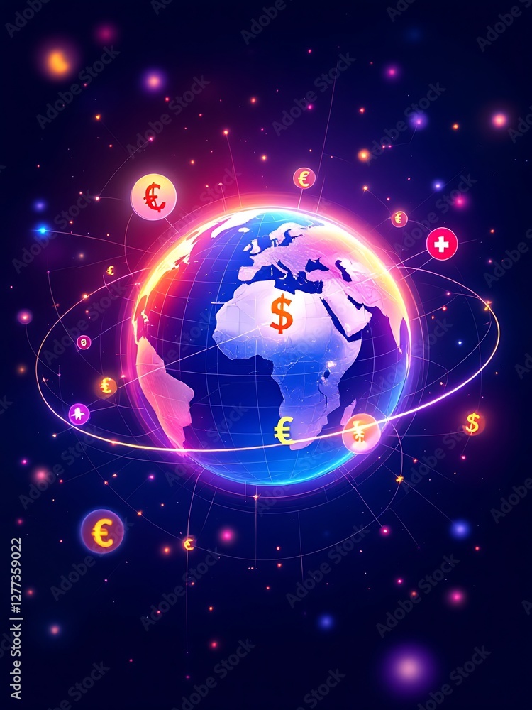 Poster global currency network with earth design and connecting lines for worldwide financial transactions