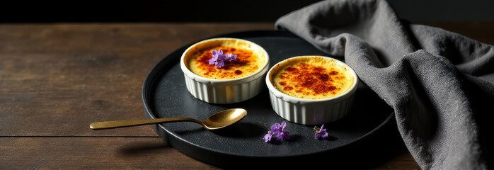 two desserts creme brulee on a black stone plate, on a dark wooden background, modern serving of dessert, menu, copy space, banner, flowers