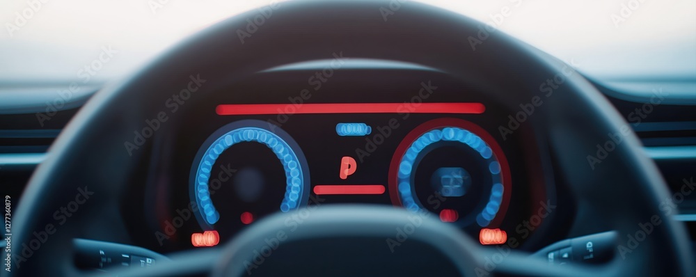 Poster autonomous vehicles concepts. car dashboard with illuminated gauges and controls.