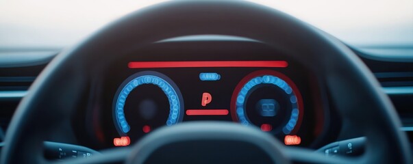 Autonomous Vehicles Concepts. Car dashboard with illuminated gauges and controls.