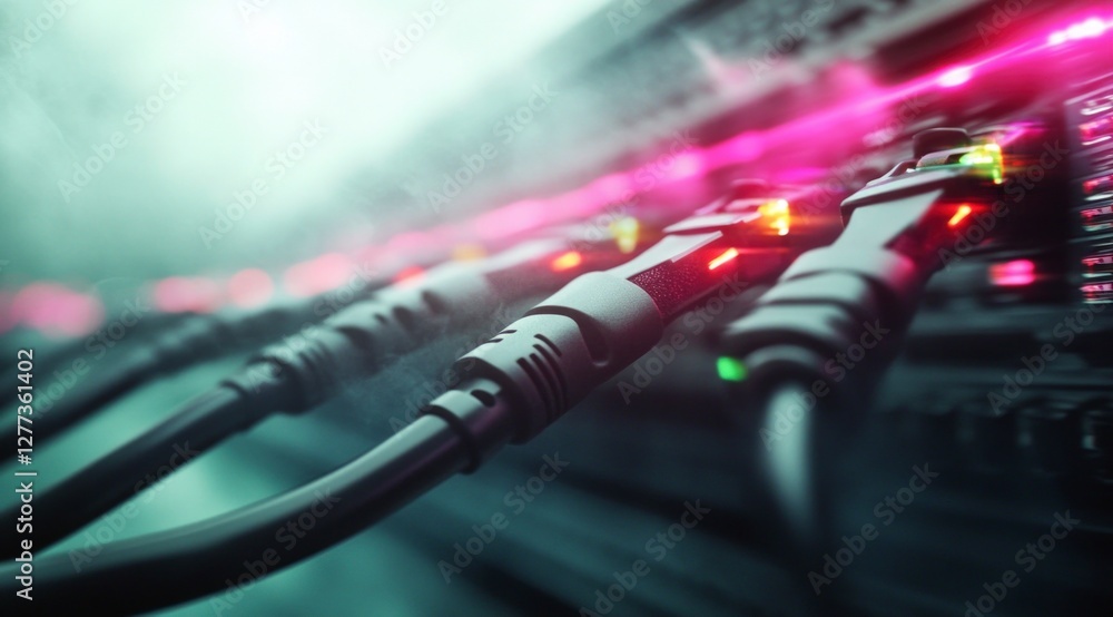 Poster data center network cables server connections high tech internet infrastructure closeu