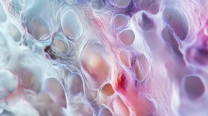 Aging cells under microscopic examination, revealing cellular degradation and senescence. Featuring structural changes