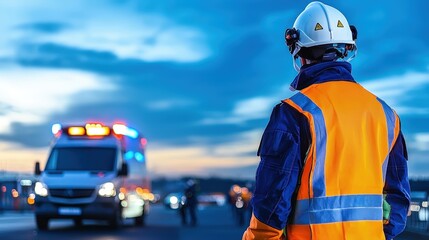 A worker in safety gear observes an emergency vehicle responding to a situation on the road during dusk.