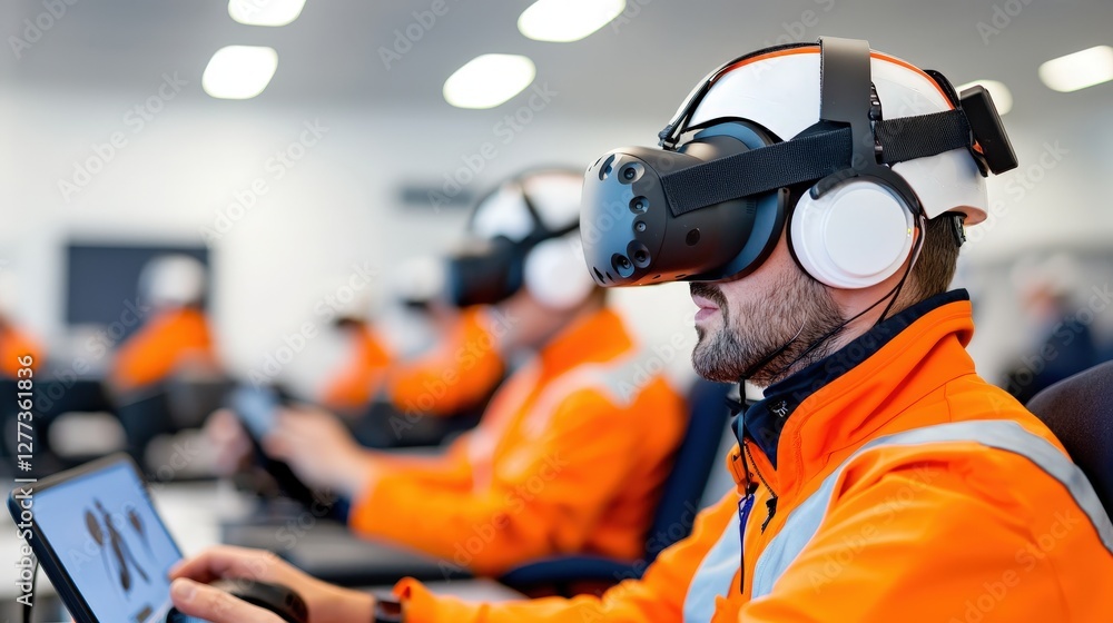 Poster workers in safety gear utilizing virtual reality headsets in a training environment, focused on thei