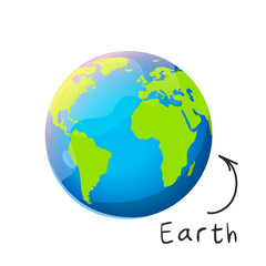Colorful cartoon Earth planet with lettering and doodle arrow isolated on white background.