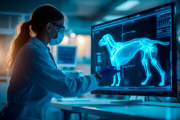 Veterinarian examining dog skeleton x-ray on computer in modern clinic