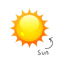 Colorful cartoon Sun with lettering and doodle arrow isolated on white background.
