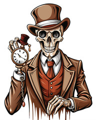 A dapper skeleton, top hat perched jauntily, holds a pocket watch,  exuding Victorian-era elegance in a darkly humorous illustration.