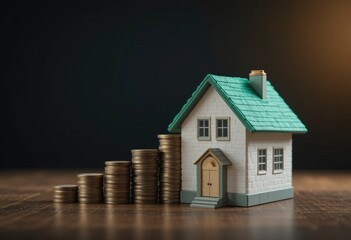 House Model and Stacked Coins Representing Real Estate Investment Growth