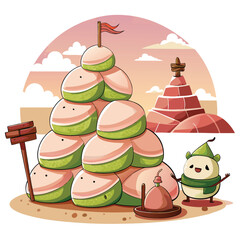 A whimsical stack of colorful mochi, resembling a miniature mountain range, sits on a clean surface.  Close-up shot emphasizing texture and vibrant colors.