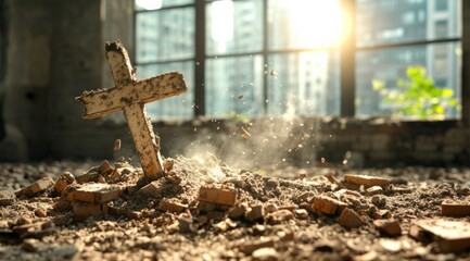 Broken Cross in Ruins  Sunlit Debris  Hope Amidst Destruction  Cityscape Background