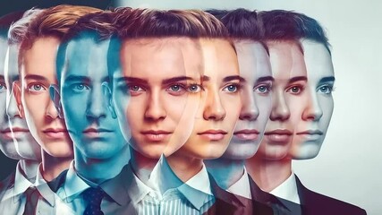Multiple overlapping faces of young professionals, creating a layered and complex portrait - Powered by Adobe