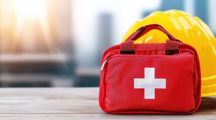 A red first aid kit sits beside a yellow hard hat on a wooden surface, symbolizing safety and preparedness in a construction environment.