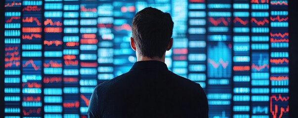 Data Analytics Concepts. A person analyzing data on a vibrant digital display.