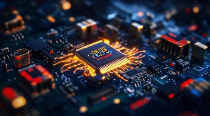 Fototapeta premium Advanced Microchip Quantum Computing Circuit Board Technology Closeup