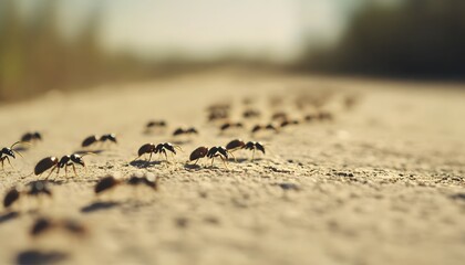Obraz premium Ants march across ground in a busy and industrious line