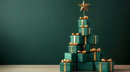 Christmas Tree Made of Green Gift Boxes with Golden Star on Top