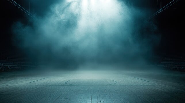 Empty arena with spotlight and fog, dramatic scene for sports backdrop, possible use in advertising