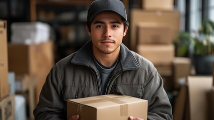 Professional stock photo of a delivery man holding a package isolated on a transparent background perfect for logistics and courier services branding