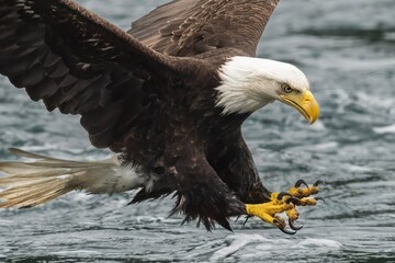 bald eagle pouncing on a fish