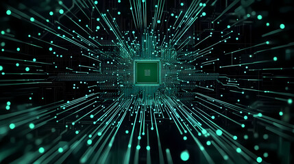 CPU Chip Radiating Green Light Against Black Background