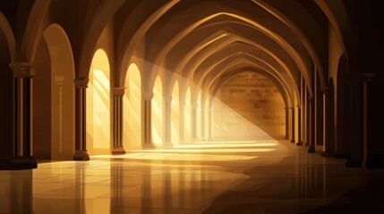 Sunlit Arched Hallway with Shadows and Warm Light Effects