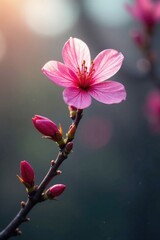 Obraz premium A single pink flower adorns the tip of a slender twig, blossoms, foliage, flowers