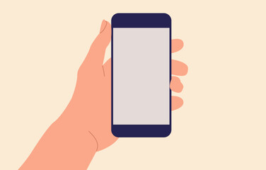 Flat illustration with hand holding phone. Hand holding phone