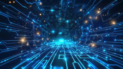 Abstract digital tunnel with glowing circuit lines and particles.