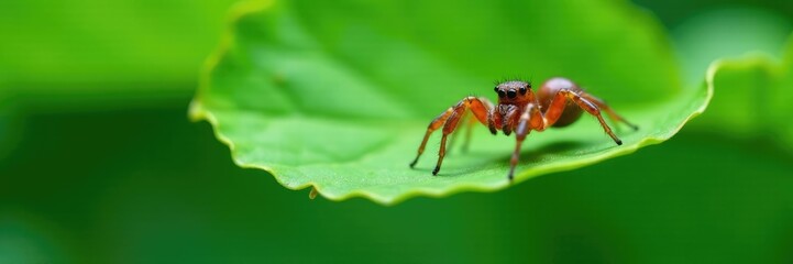 Fototapeta premium a spider crawling on the underside of a large green leaf, arachnids, , arthropods