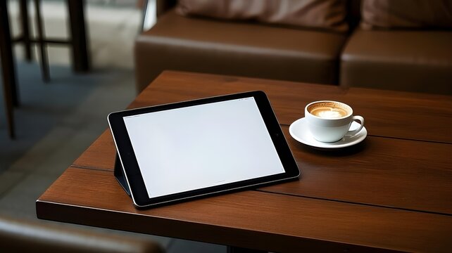 Mockup image of tablet with plain white screen and coffee cup on wooden table in cafe,blurry background,coffe,tablet